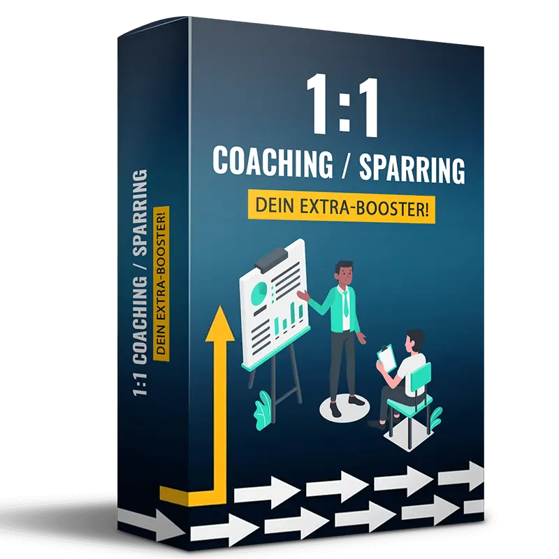 Produktbox 1:1 Coaching Sparring mit Illustrationen von zwei Personen, Präsentationstafel und aufwärts zeigendem Pfeil