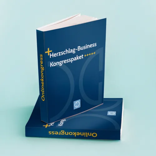 Produktabbildung des Herzschlag Business Kongress Premium Pakets mit blauem Buch und Unterlagen