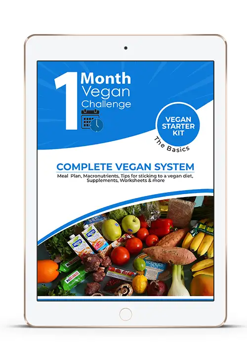 Tablet-Mockup mit blauem Vegan Starter Kit Cover und Supermarktprodukte-Foto