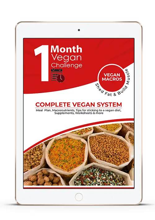 Tablet-Mockup mit rotem Vegan Macros Cover und verschiedenen Hülsenfrüchten und Getreide