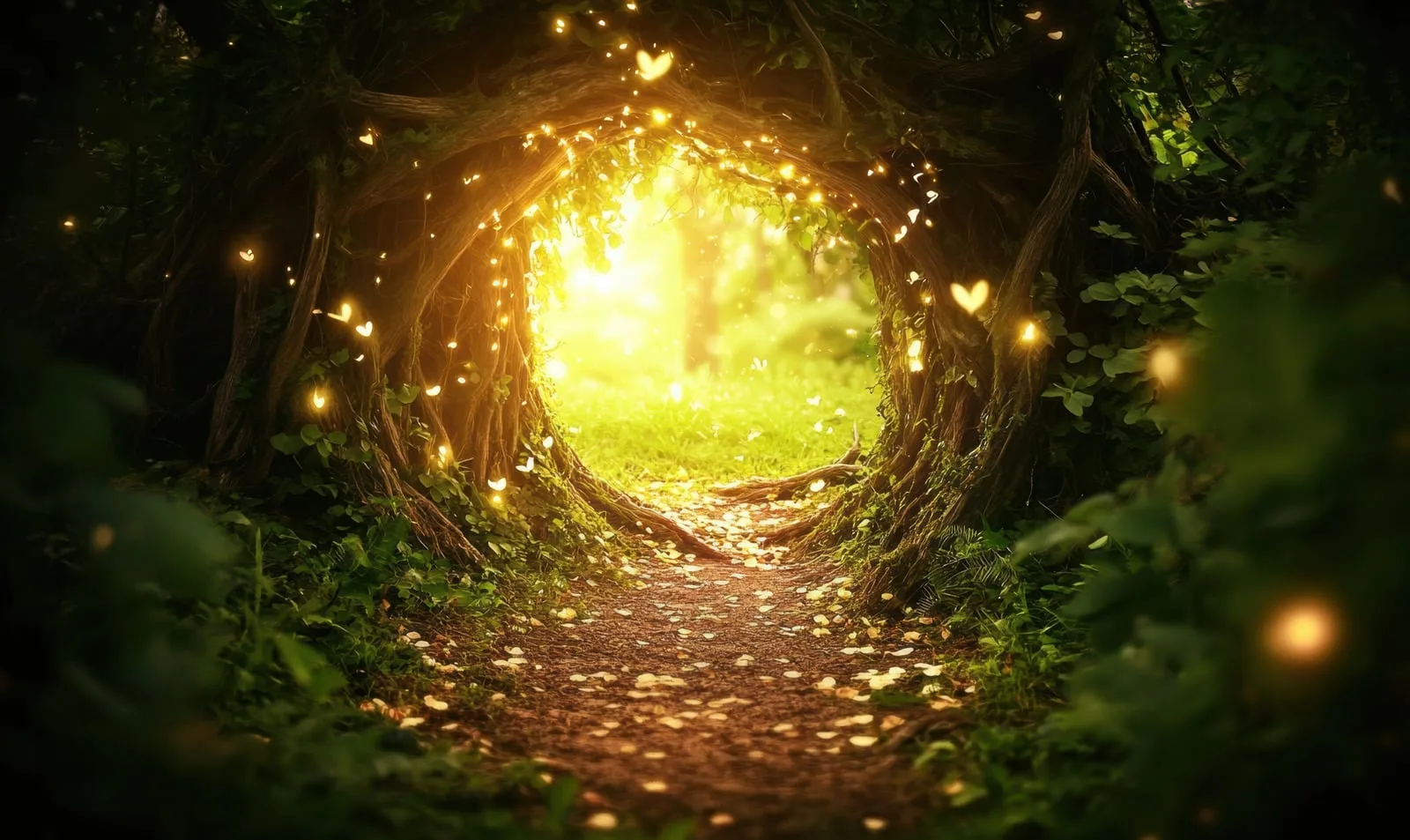 Magischer Waldpfad mit leuchtendem Portal und goldenen Lichtern, Fantasy-Szenerie