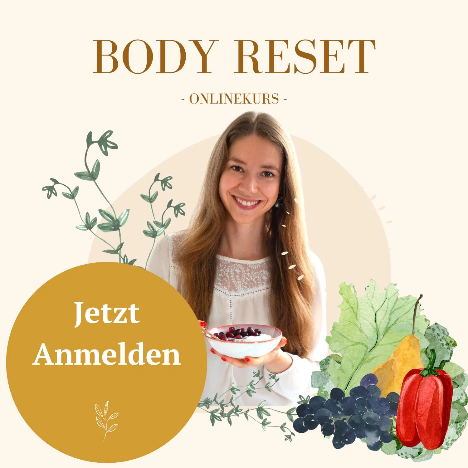 Body Reset Onlinekurs Anmeldungs-Grafik mit Kursleiterin, Obstsalat und Call-to-Action