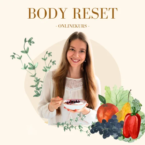 Body Reset Onlinekurs von Tasty Katy mit Frau, Obst und Gemüse