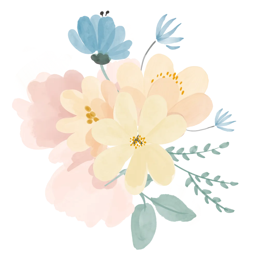 Aquarell-Blütenkomposition mit cremefarbenen und blauen Blüten, goldenen Staubgefäßen und grünem Laub