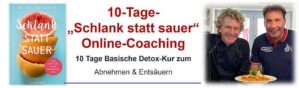 Hero-Banner zum 10-Tage-Schlank-statt-sauer Online-Coaching mit Ralf Moll und Holger Ilg, Buchcover und Coaches mit Gericht