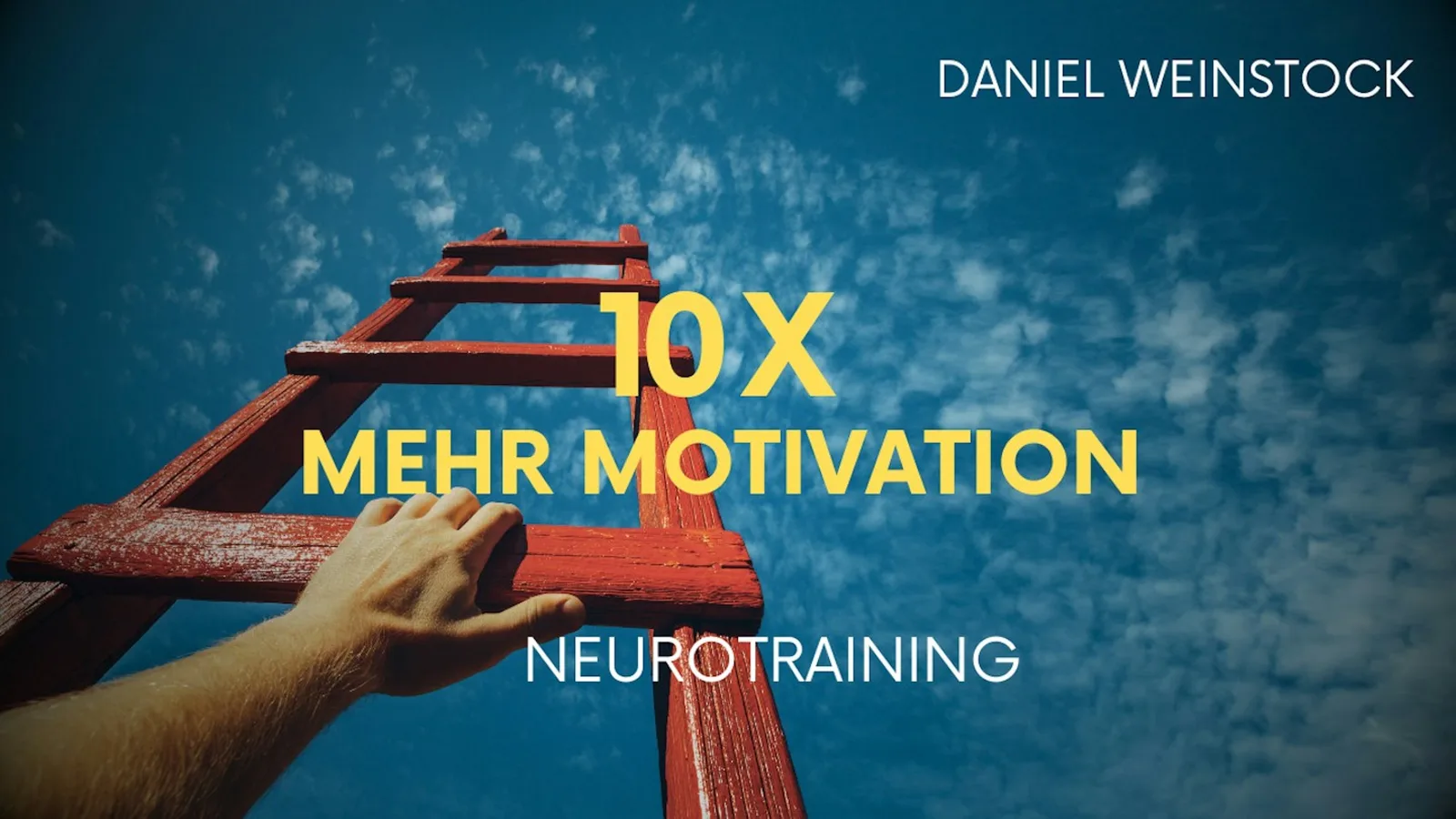 Großformatiges Hero-Bild zum Neuro-Training mit Leiter, Hand und Motivations-Headline auf blauem Hintergrund