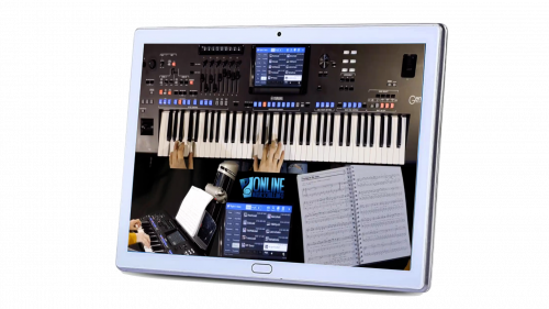 Tablet mit Keyboard, Musikinstrumente und Notizen Mockup