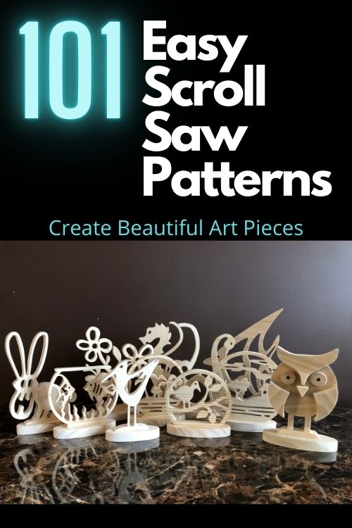 Cover von 101 Easy Scroll Saw Patterns mit leuchtender Typografie und Holzschnitzereien