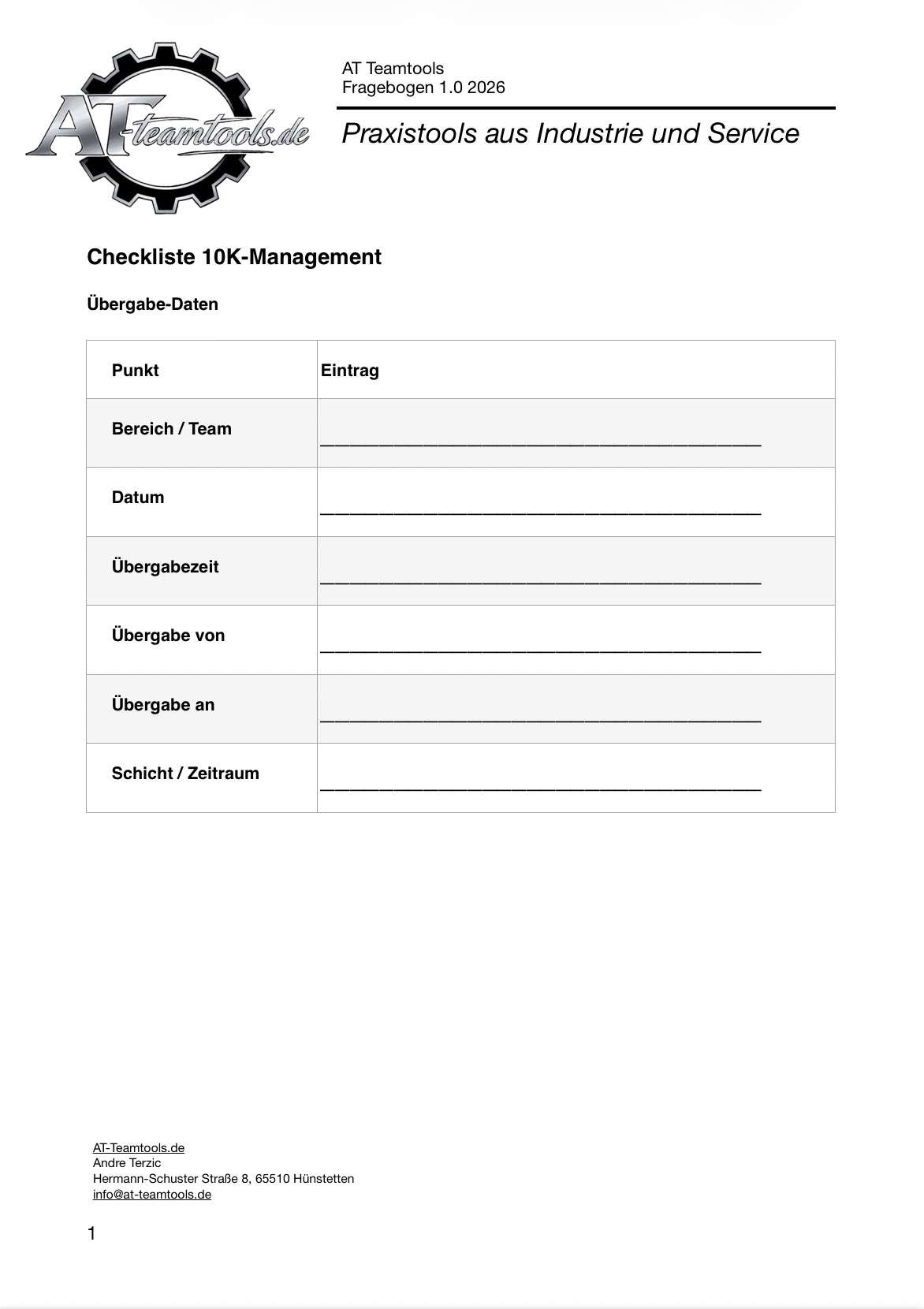 Checkliste 10K-Management Fragebogen 1.0 2026 mit Übergabe-Daten Tabelle