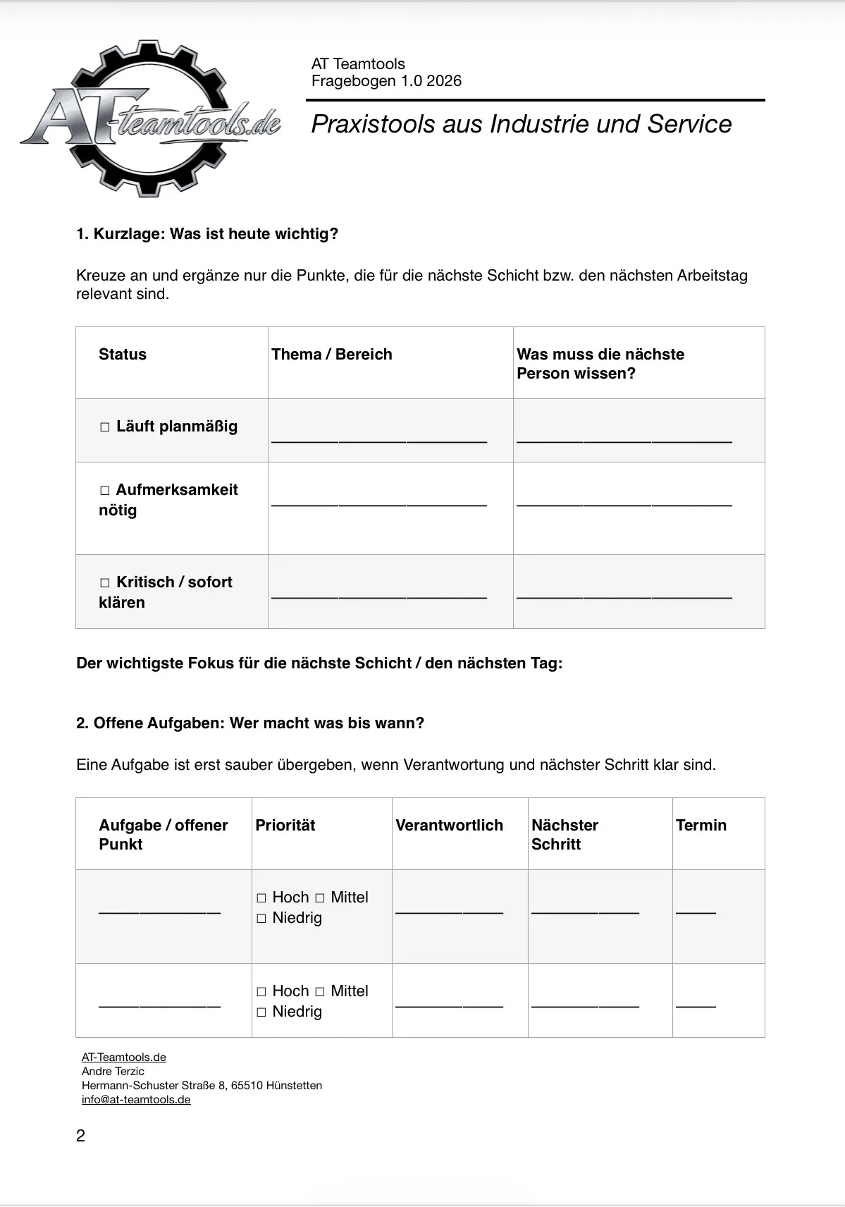 Fragebogen 10K-Management mit Abschnitten Was ist heute wichtig und Offene Aufgaben