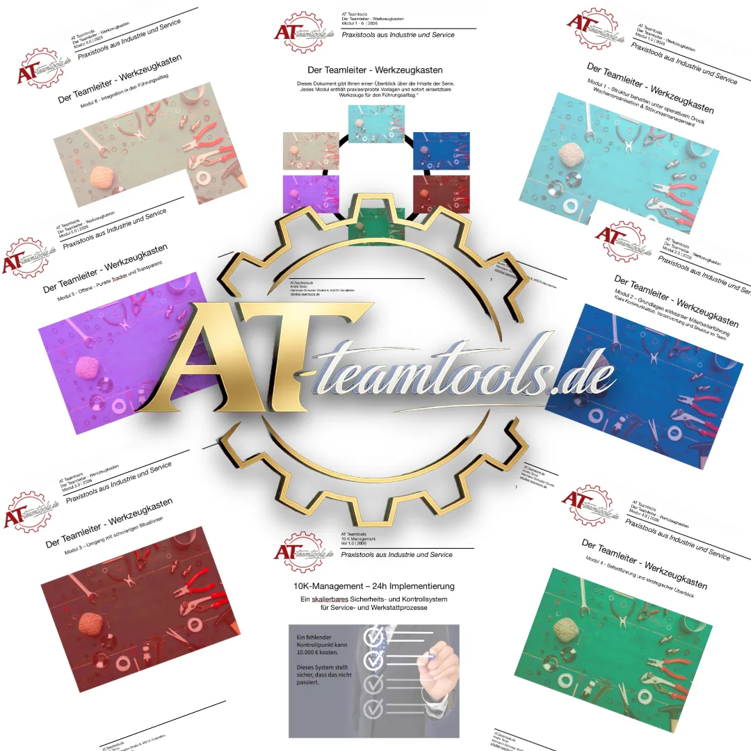 AT-Teamtools Übersichts-Grafik mit Zahnrad-Logo und Der Teamleiter Werkzeugkasten Module