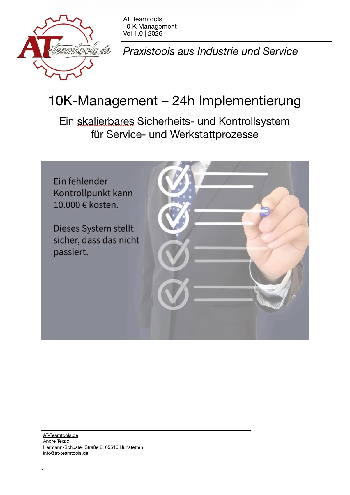 AT Teamtools 10K-Management Vol 1.0 2026 Cover mit Checklisten-Symbol und Hand