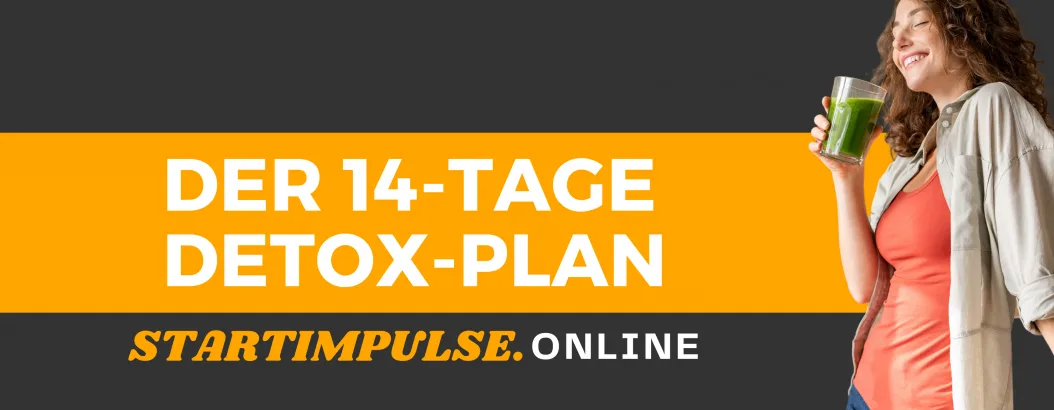 Hero-Banner zum 14-Tage Detox-Plan mit Frau, die grünen Saft hält, gelber Hintergrund