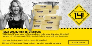 Werbeheroine zum 14-Tage-Intensiv-Programm mit Frau, Butter und Warnschild