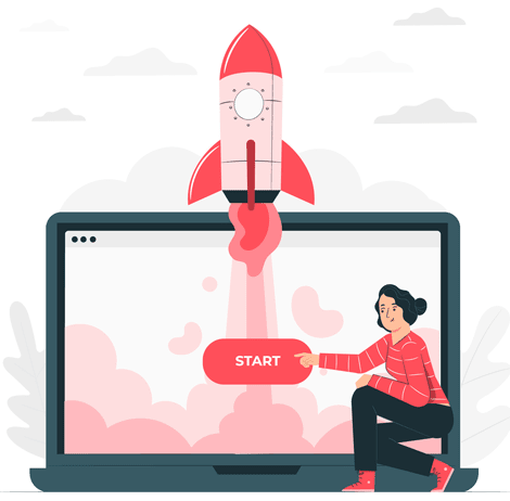 Illustration einer Frau startet Rakete von Laptop, symbolisiert YouTube-Kanal-Start