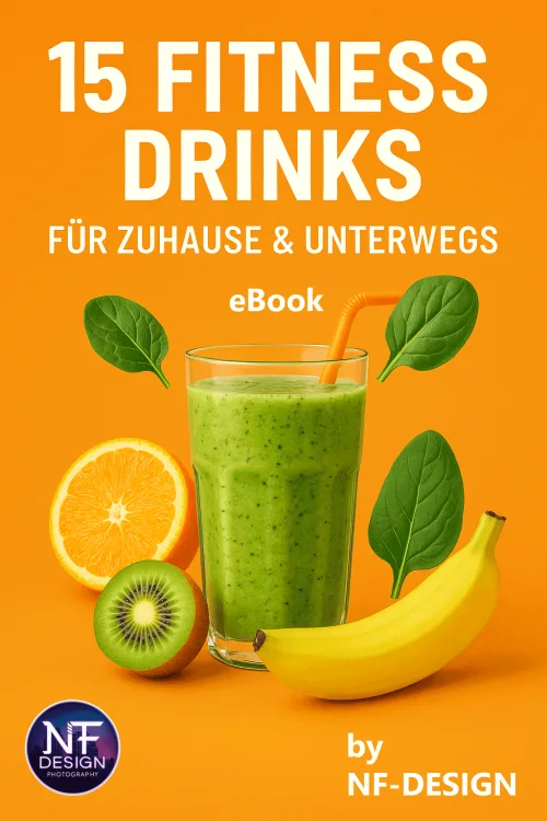 15 Fitness Drinks für Zuhause & Unterwegs eBook Cover mit grünem Smoothie, Spinatblättern, Orange, Kiwi und Banane auf orange