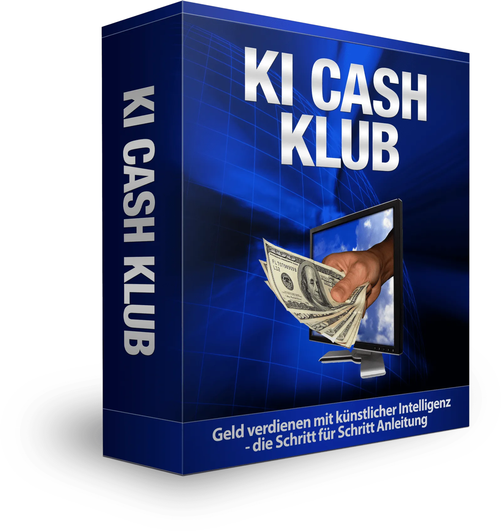 KI Cash Klub Produktbox mit Monitor, Geldscheinen und blauem Technologie-Design