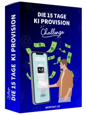 Hochformatige Produktbox der 15 Tage KI Provision Challenge mit 3D-Effekt, Smartphone und KI-Roboter
