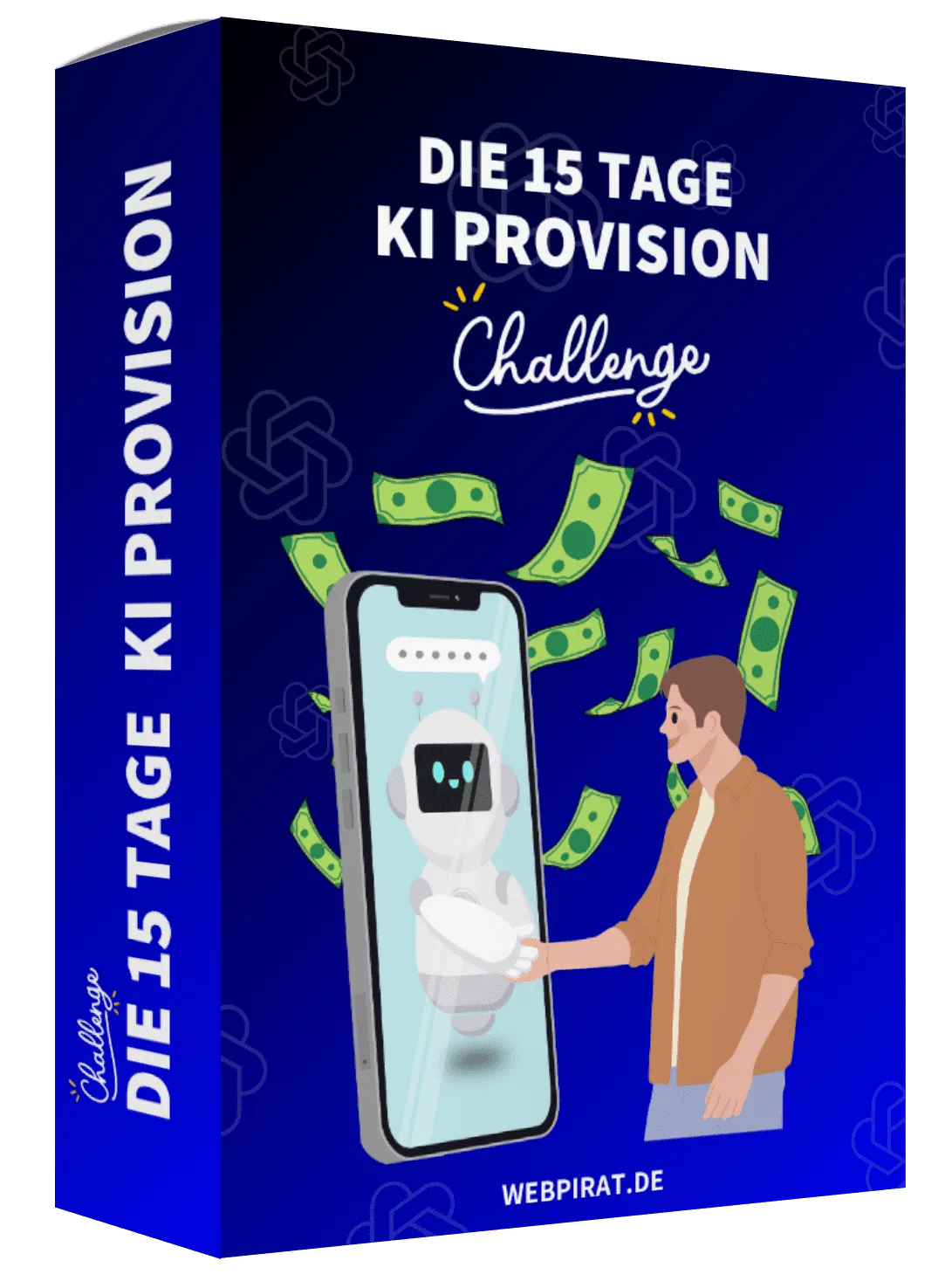 Hochformatige Produktbox der 15 Tage KI Provision Challenge mit 3D-Effekt, Smartphone und KI-Roboter