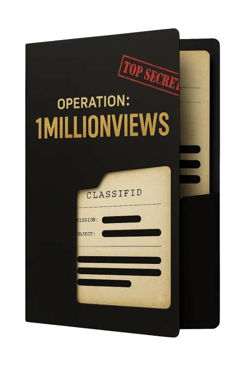 1MillionViews System Produktabbildung als schwarze Mappe mit goldenem Text und klassifiziertem Dokument-Mockup