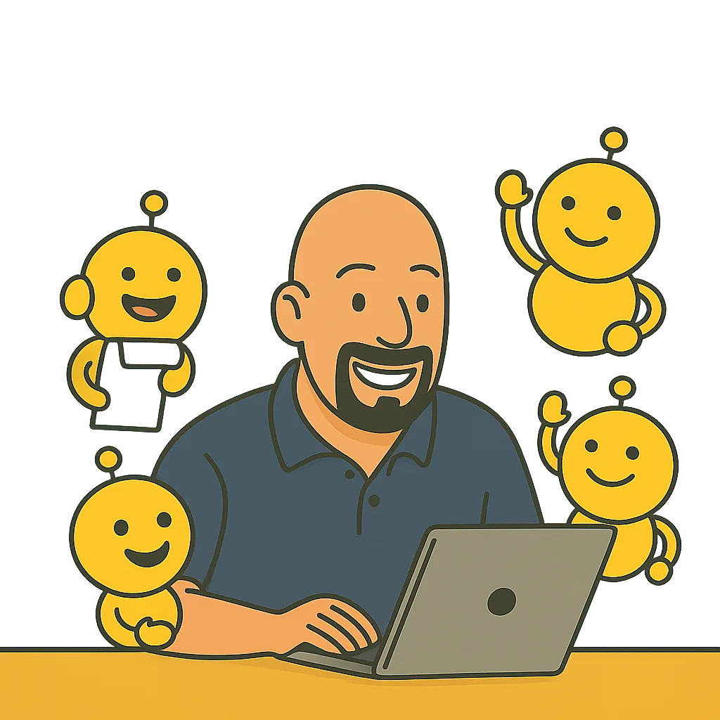 Mann mit Bart am Laptop umgeben von lachenden KI-Robotern mit Antennen