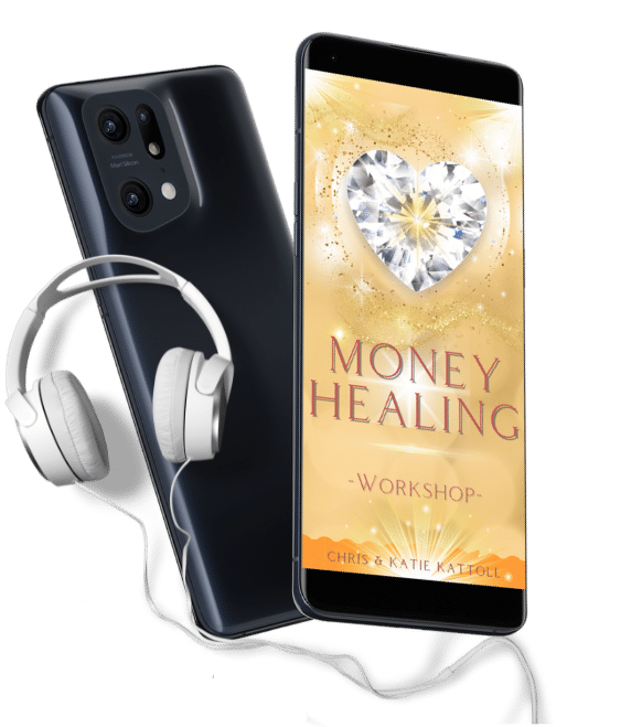 Money Healing Workshop Mockup mit Smartphone und Kopfhörern