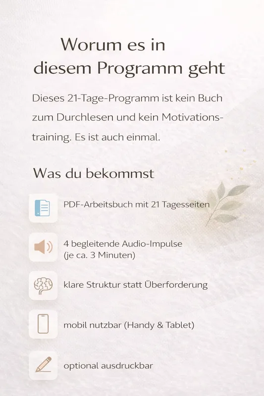 Übersicht der Programminhalte mit Icons für PDF-Arbeitsbuch, Audio-Impulse, Struktur und Nutzerfreundlichkeit