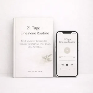 Cover-Mockup des E-Books 21 Tage – Eine neue Routine mit physischem Buch und Smartphone-Darstellung