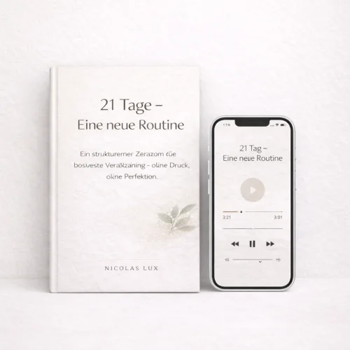 Cover-Mockup des E-Books 21 Tage – Eine neue Routine mit physischem Buch und Smartphone-Darstellung