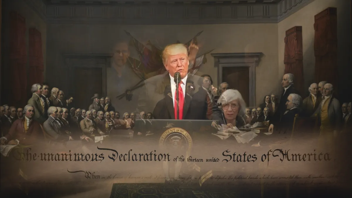 Manipulierte Illustration zeigt Donald Trump an Rednerpult vor historischem Gemälde in Senatssaal mit Text "The unanimous Dec
