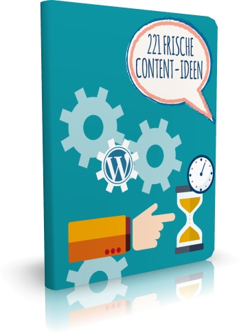 Türkis-farbene Produktbox mit Zahnrädern, WordPress-Logo, Zeitmesser und Thumbs-up-Icon, Sprechblase mit 221 Frische Content-