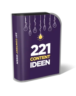 3D-Darstellung der 221 Contentideen Produktbox mit violettem Cover, hängenden Glühbirnen-Illustrationen und gelbem Akzent-Ico