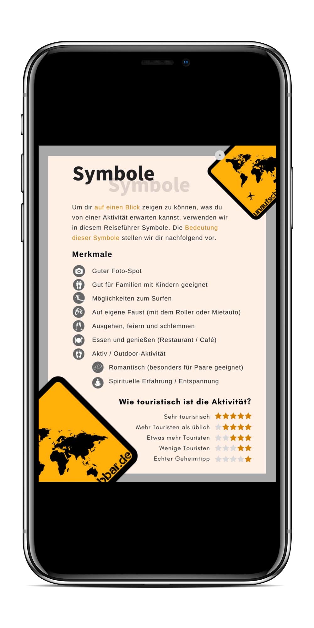 Smartphone-Screenshot mit Symbole-Erklärung für 222 Lombok Bali Highlights Reiseführer