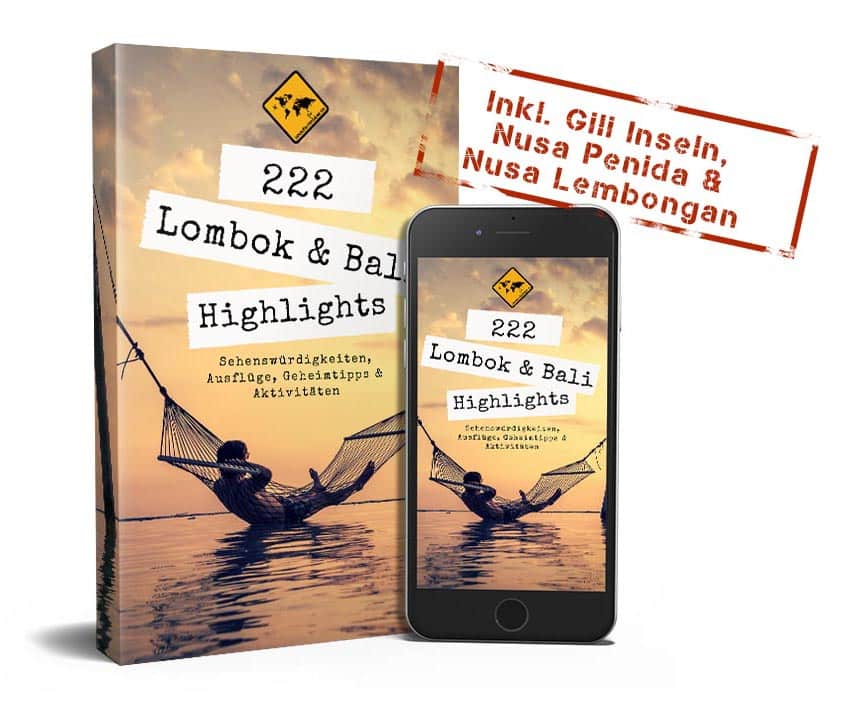 E-Book Cover 222 Lombok Bali Highlights mit Buch und iPhone-Mockup auf hellem Hintergrund