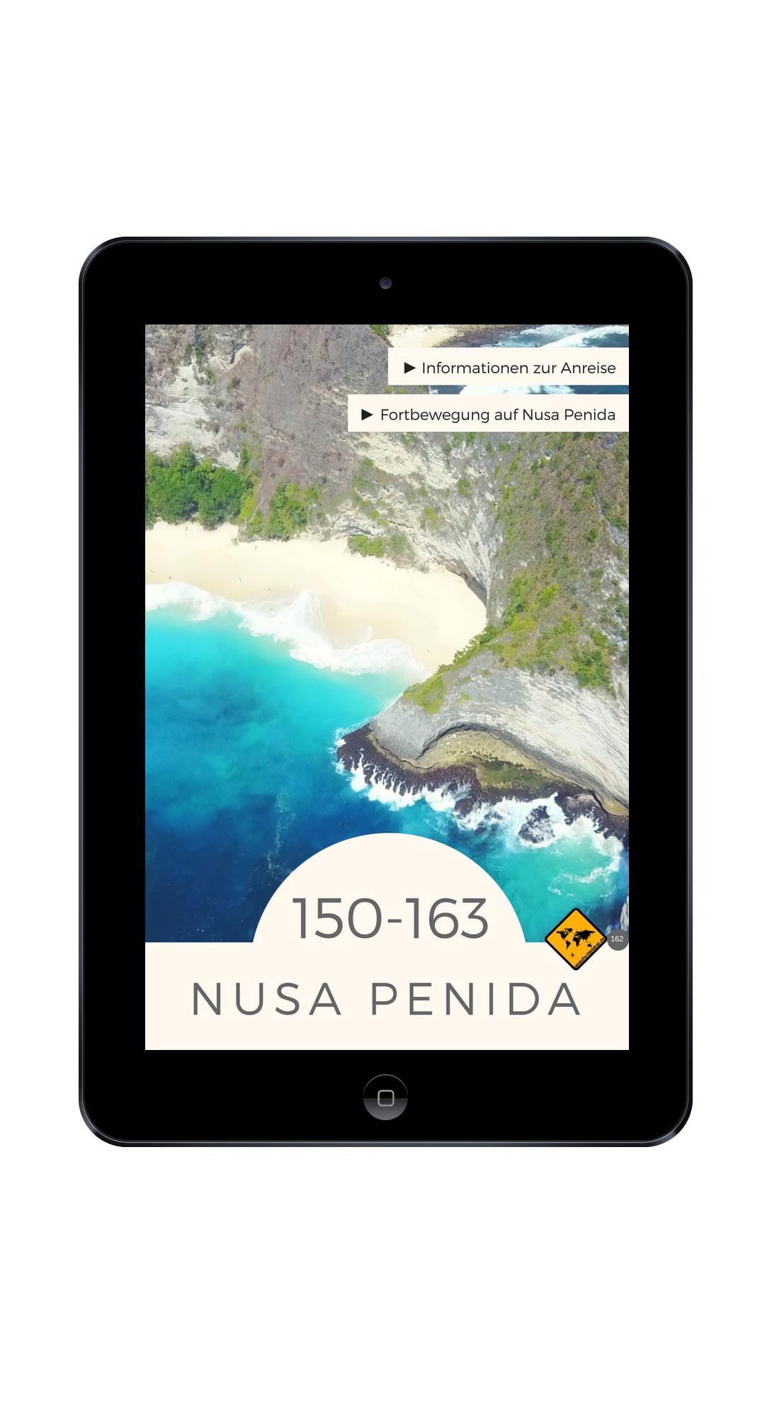 iPad-Mockup mit Nusa Penida Deckblatt, Luftaufnahme von türkisem Wasser und Felsklippen