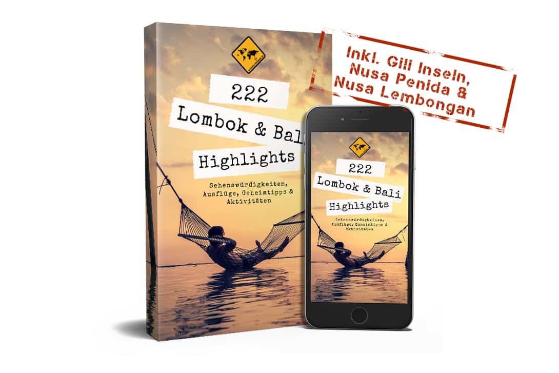 222 Lombok & Bali Highlights E-Book mit Buch und Smartphone-Mockup zeigt Hängematten-Cover