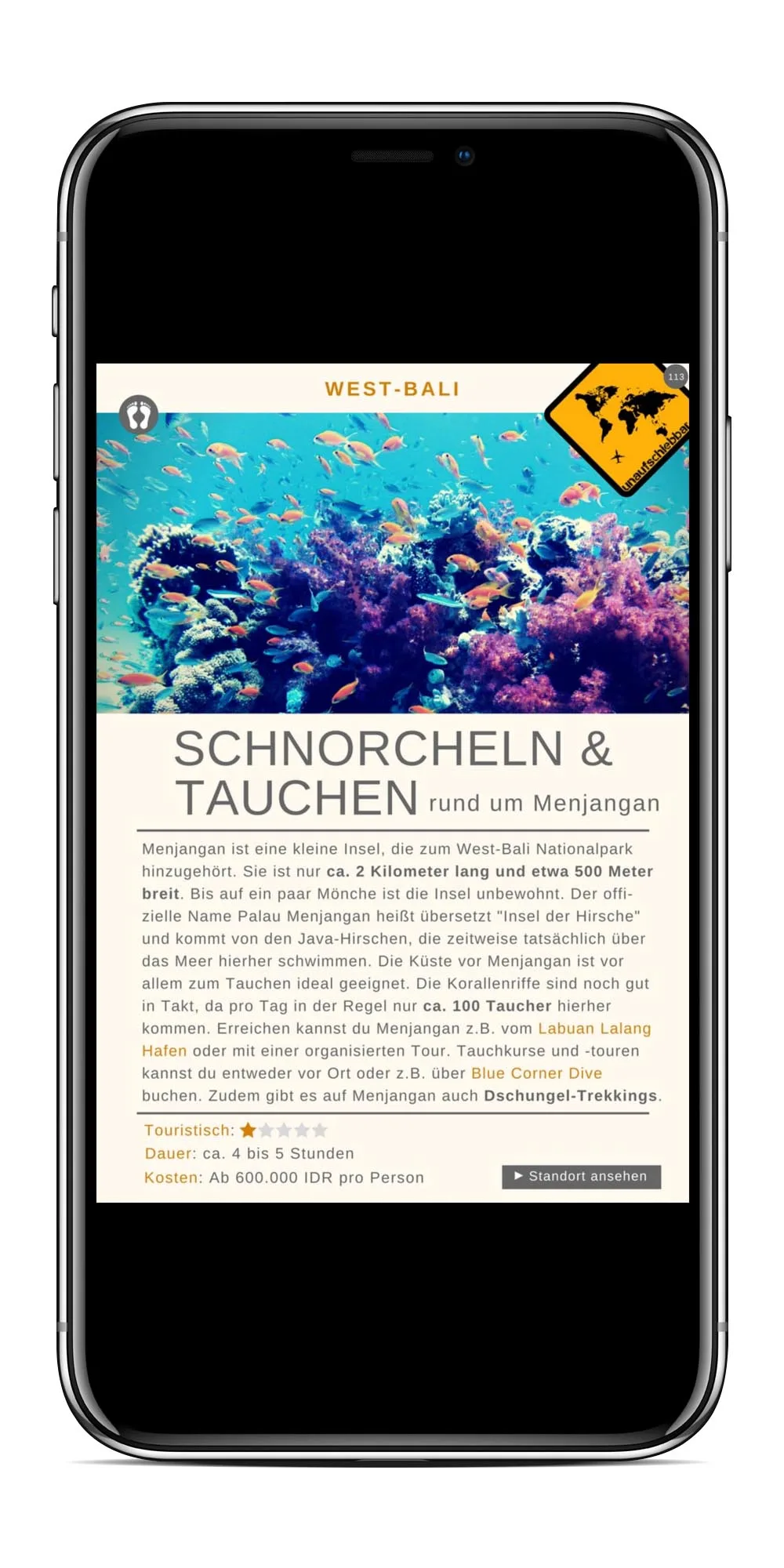 Smartphone-Screenshot Schnorcheln & Tauchen Menjangan Insel mit Korallenriff-Unterwasserfoto