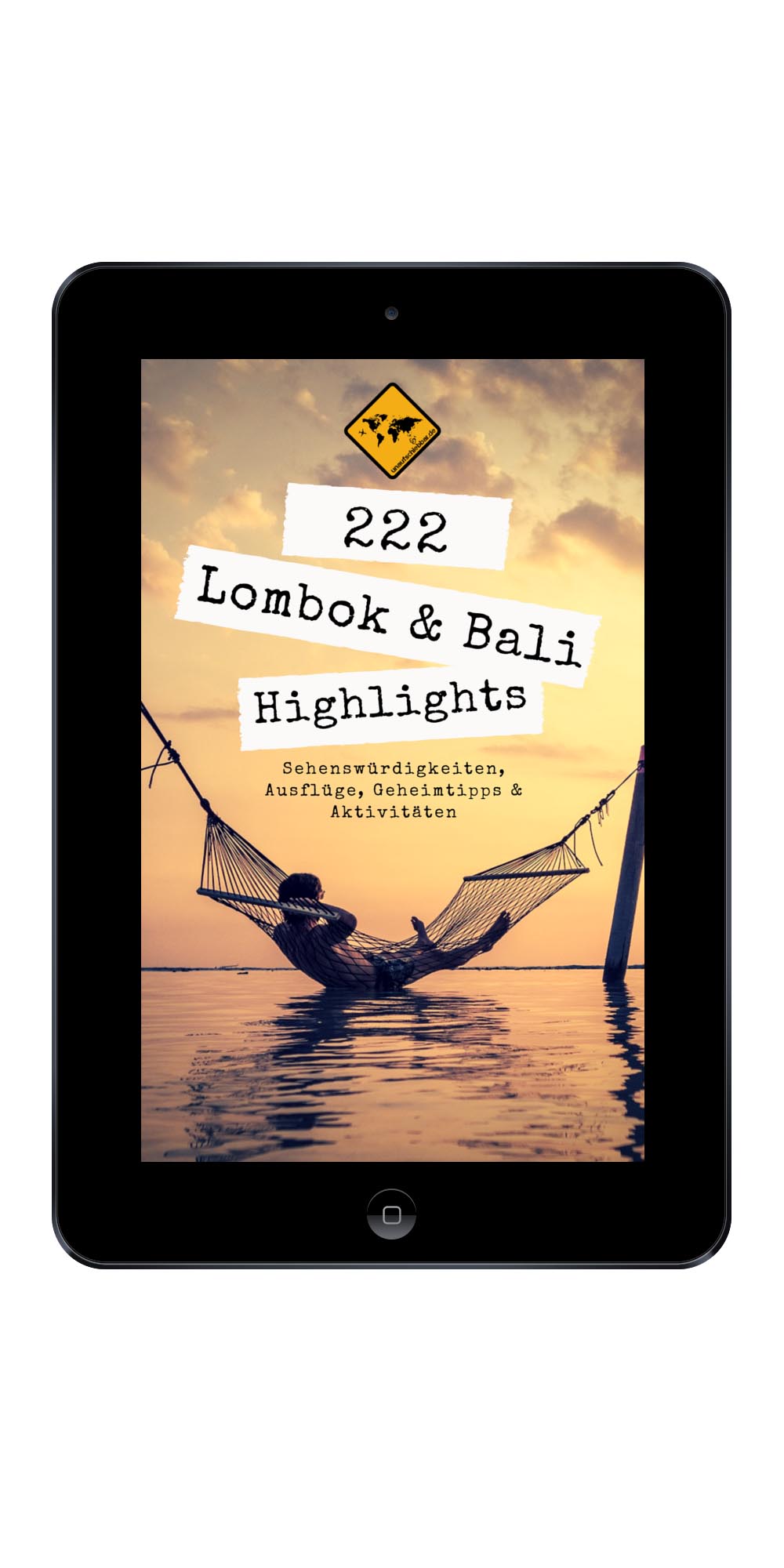 iPad mit Cover des 222 Lombok Bali Highlights E-Books, Hängematte über türkisem Wasser