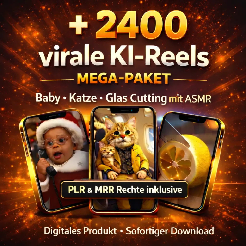 2400+ Viral AI Reels – fertige KI-Videos zum Download 2 Mega-Bundle mit 2400+ viralen KI-Reels: Baby, Katze, Glas Cutting mit ASMR, drei Smartphones mit Produktinhalten