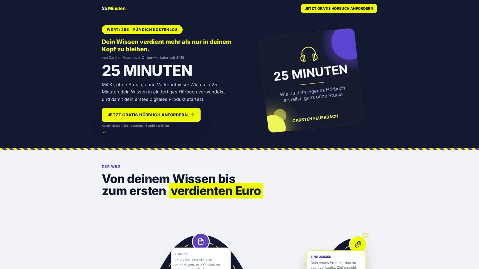 Landingpage für kostenloses Hörbuch '25 Minuten' mit Headphones-Icon, Angebotsbanner und Call-to-Action-Button