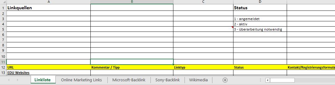 Spreadsheet mit Linkquellen-Liste, Spalten für URL, Kommentar, Linktyp und Status