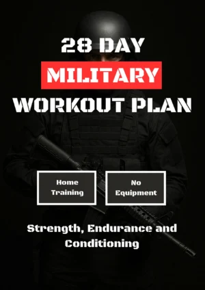 28 Day Military Workout Plan Cover mit Soldat in Kampfausrüstung und Gewehr