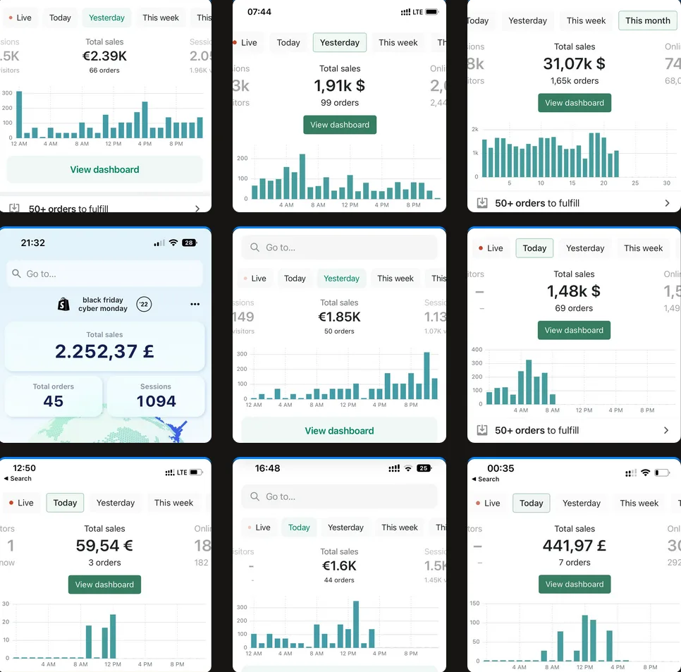 Collage mehrerer Smartphone-Screenshots von Dropshipping-Verkaufs-Dashboards mit verschiedenen Umsatzzahlen