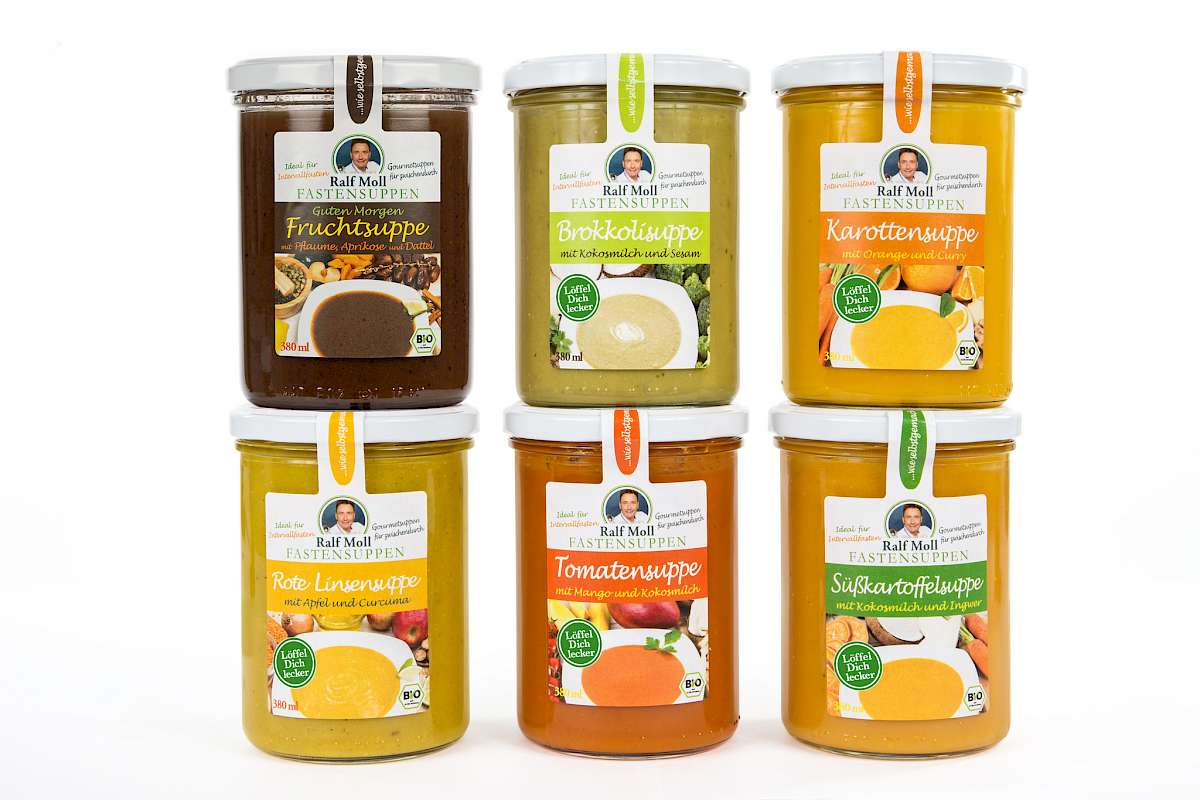 Ralf Moll Fastensuppen Sortiment: Frucht-, Brokkoli-, Karotten-, Rote-Linsen-, Tomaten- und Süßkartoffelsuppe