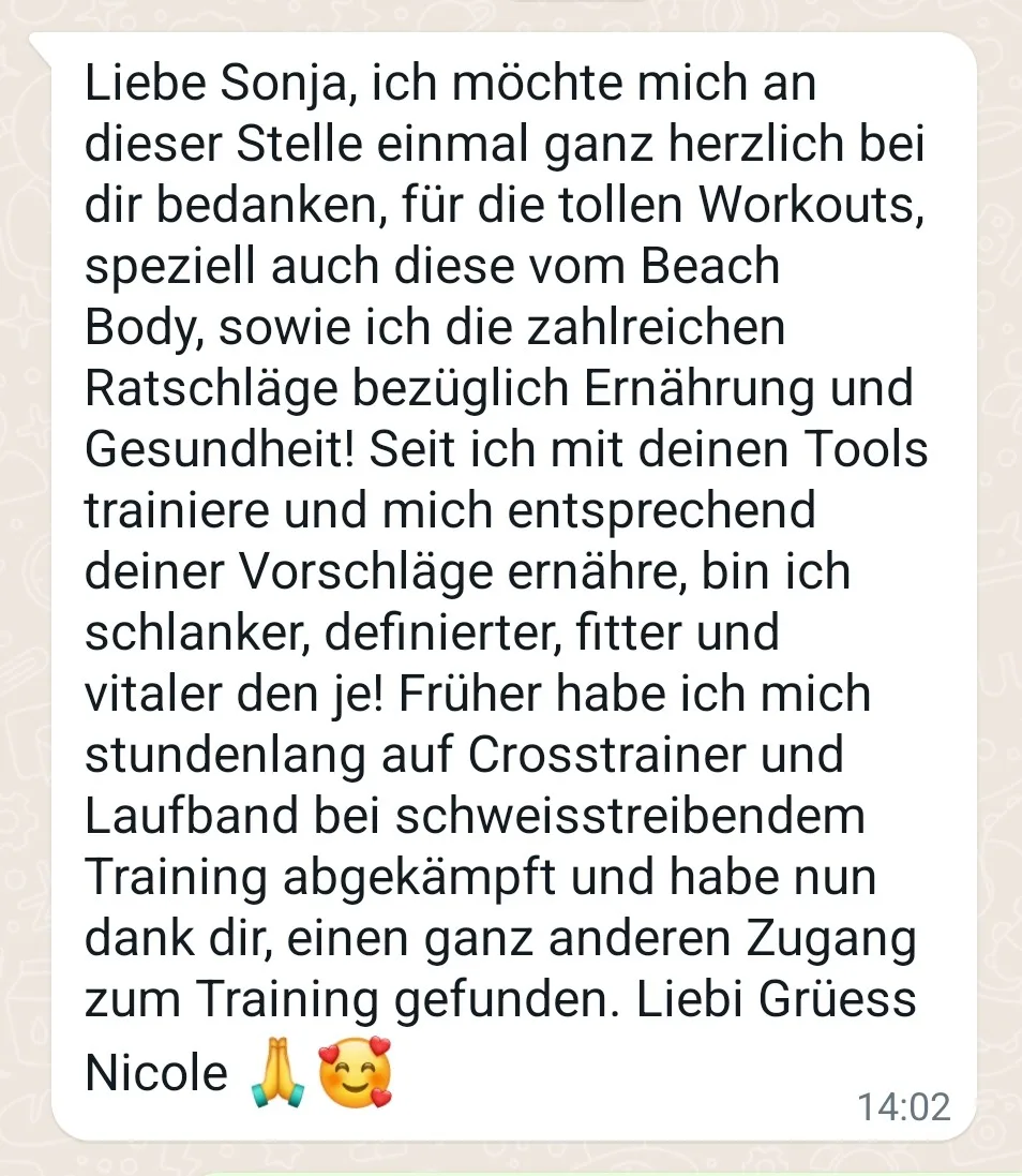 3 Week Beach Body Feeling – Fitness-Videokurs für Frauen 13 Kundenbewertung von Nicole über Erfolge mit Beach Body und geändertem Trainingsansatz