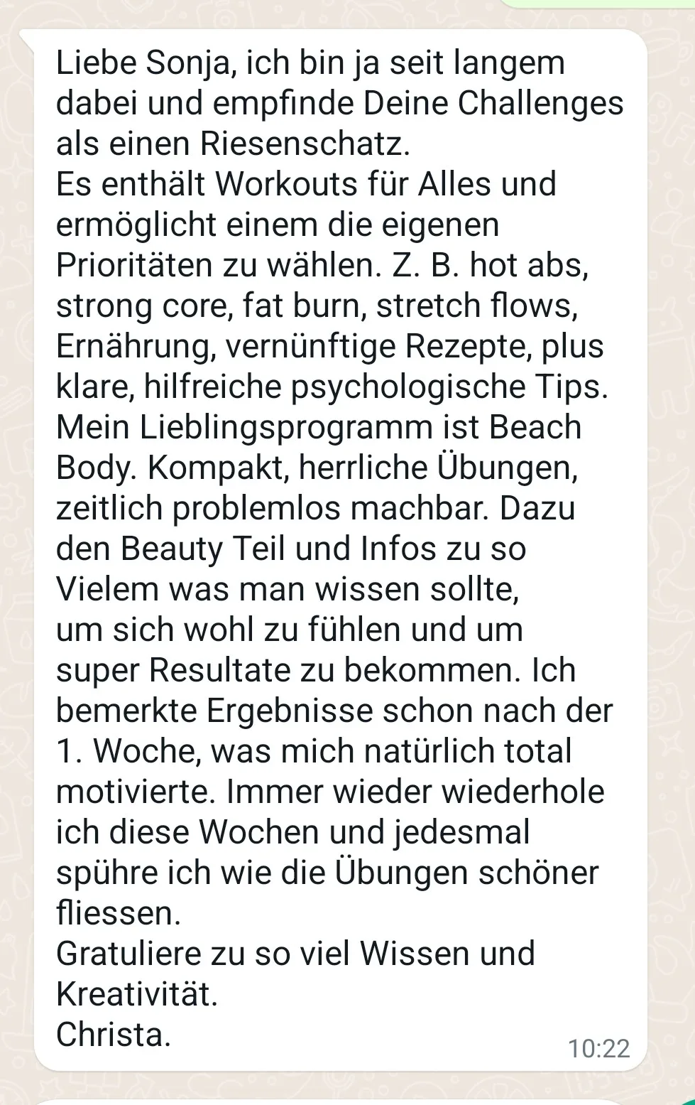 3 Week Beach Body Feeling – Fitness-Videokurs für Frauen 12 Kundenbewertung von Christa über Beach Body Challenge mit Trainings- und Ernährungsinhalten