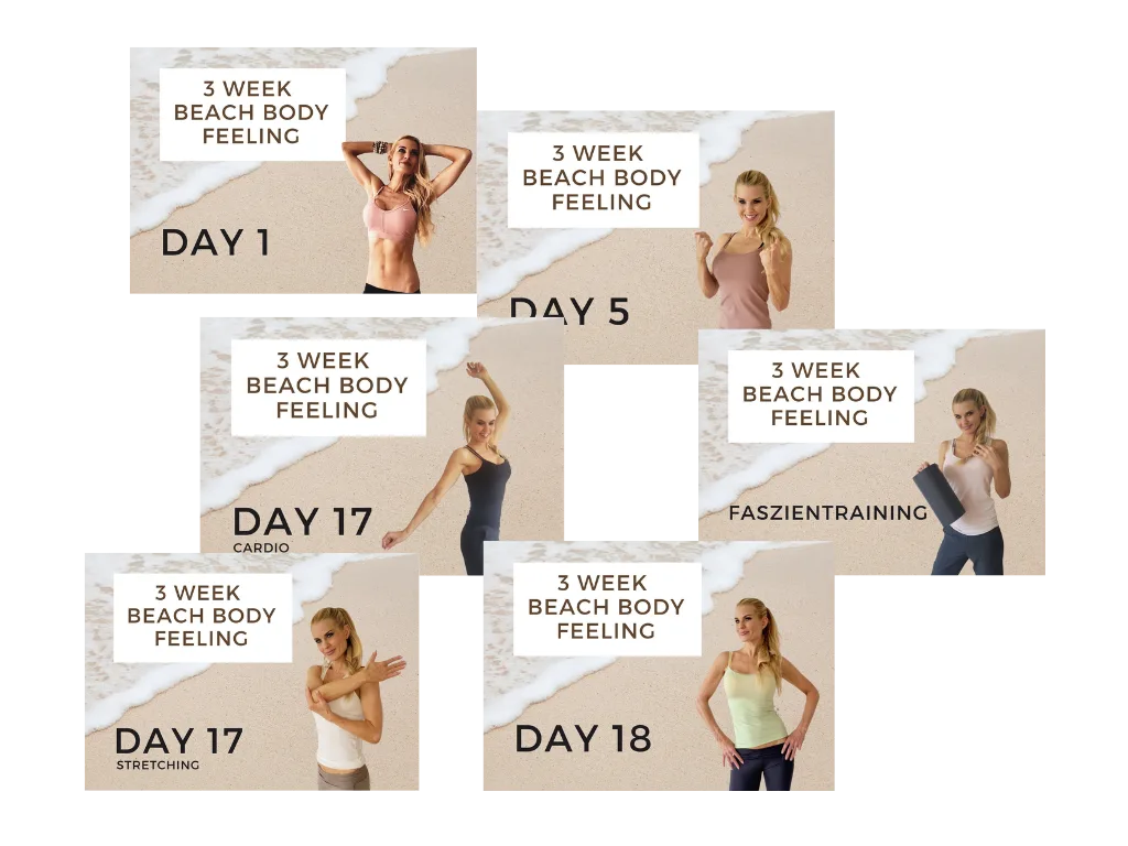 3 Week Beach Body Feeling – Fitness-Videokurs für Frauen 5 Trainings-Sequenzen aus 3 Week Beach Body Feeling Challenge mit verschiedenen Übungen und Tagen