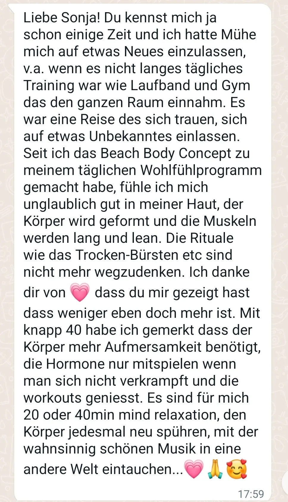 3 Week Beach Body Feeling – Fitness-Videokurs für Frauen 9 WhatsApp-Kundenstimme über 3 Week Beach Body Feeling Kurs und positive Effekte auf Körper und Wohlbefinden