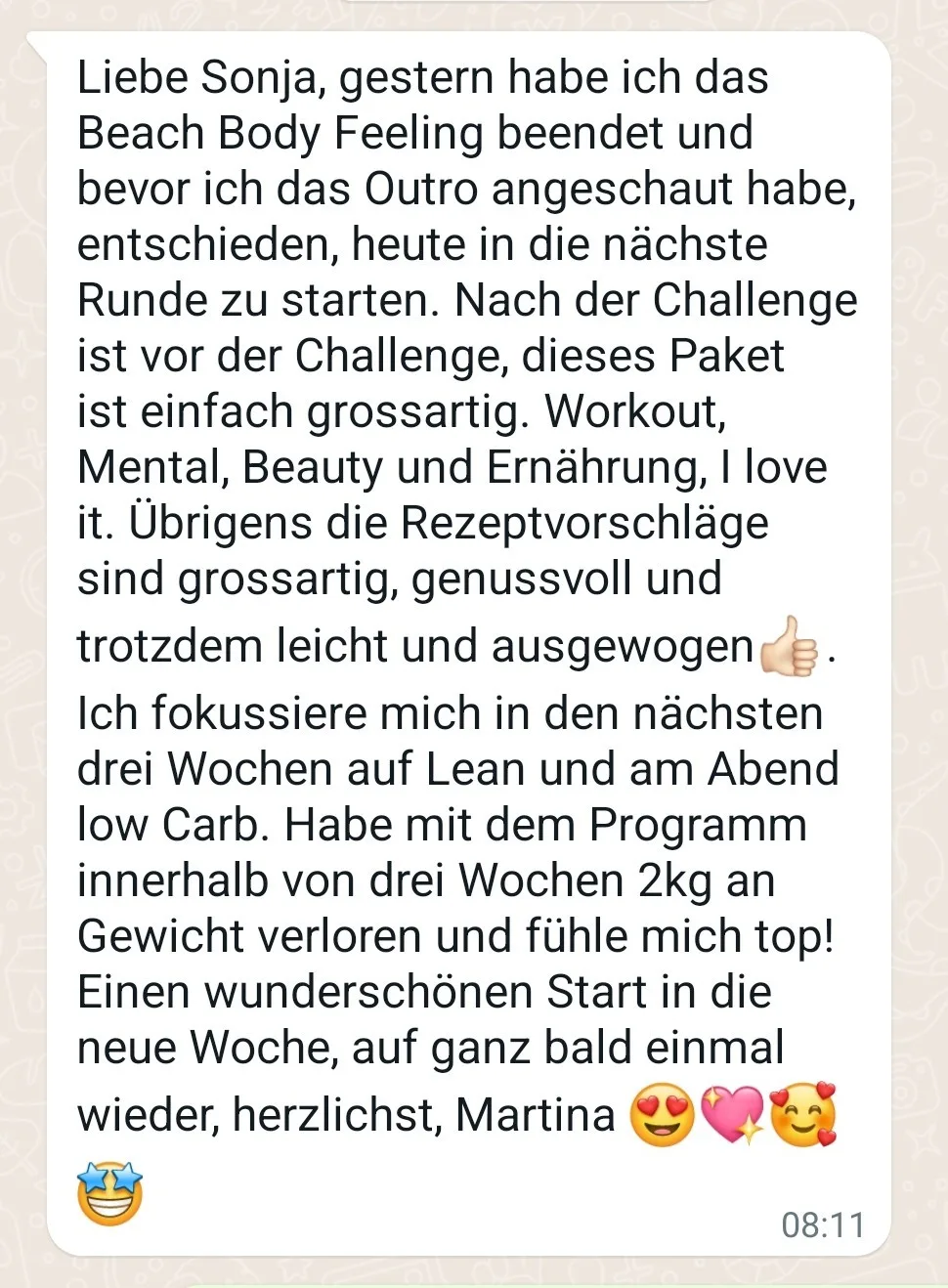 3 Week Beach Body Feeling – Fitness-Videokurs für Frauen 10 WhatsApp-Kundenstimme über abgeschlossenes Beach Body Feeling und erfolgreiche Gewichtsabnahme