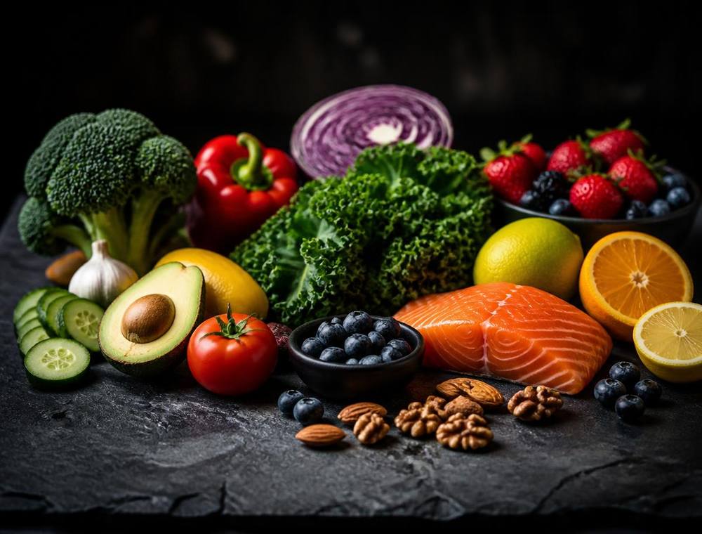 Übersicht frischer Lebensmittel: Brokkoli, Lachs, Beeren, Zitrusfrüchte, Nüsse auf Schiefergrund